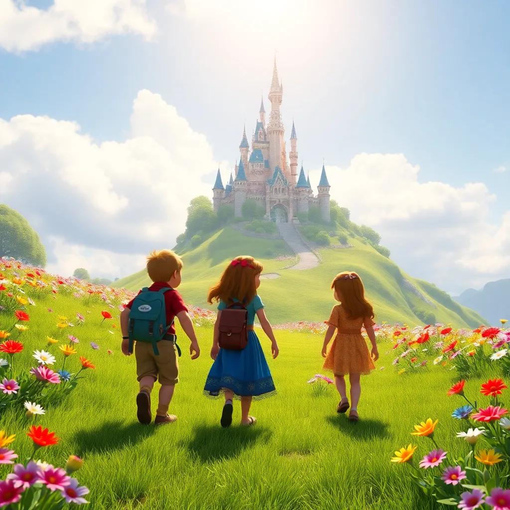Tres friends walking towards a sparkling castle on a hill, surrounded by green grass and colorful flowers, bright sunlight, cheerful atmosphere, digital art, high quality