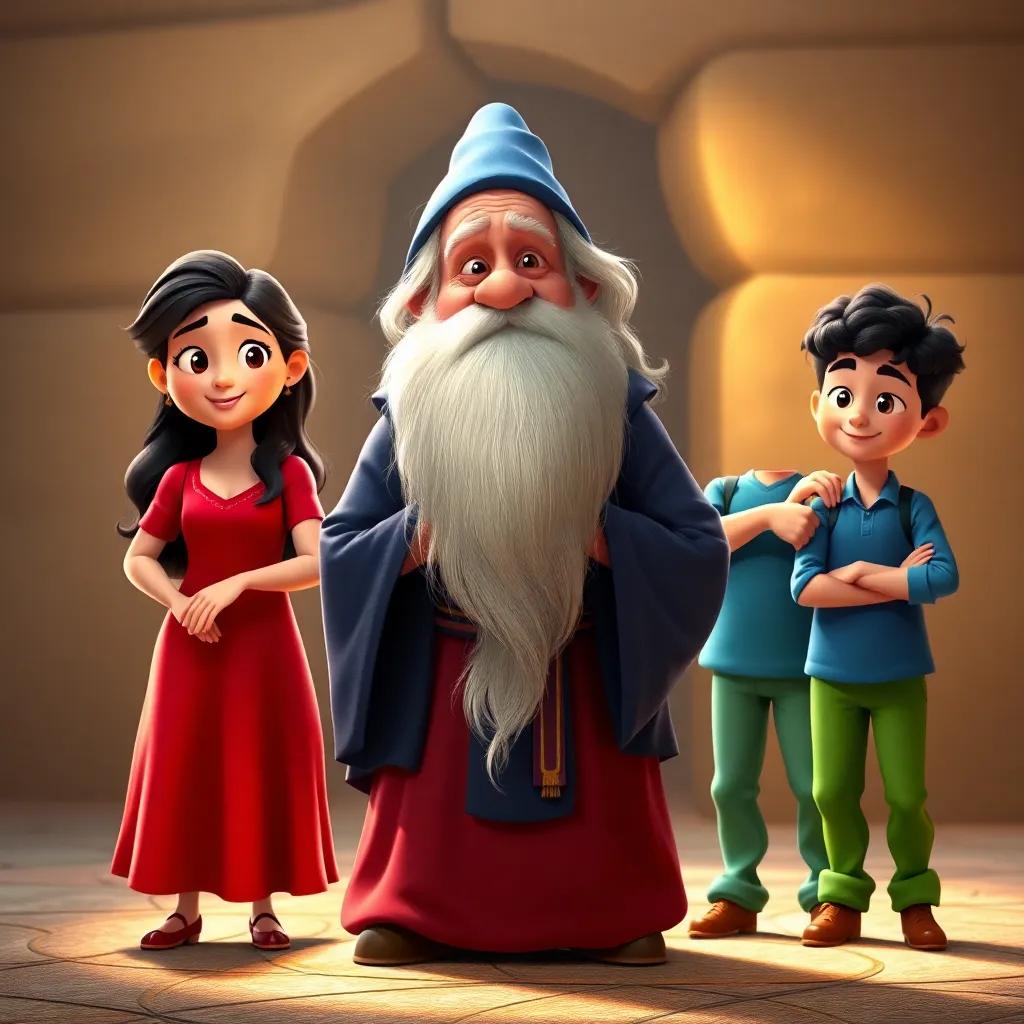 An old wizard with a long white beard and a blue robe stands in front of three friends, Ana with dark hair in a red dress, Luis with curly hair in a blue shirt, Pablo with short hair in green pants, warm inviting light, fantasy style