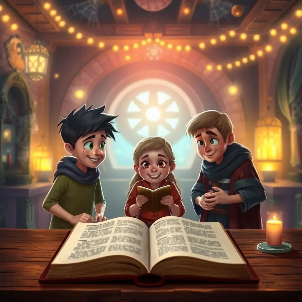 The three friends solving a riddle in a room full of spiderwebs and glowing lights, an ancient book open on a table, magical atmosphere, child-friendly, vibrant colors