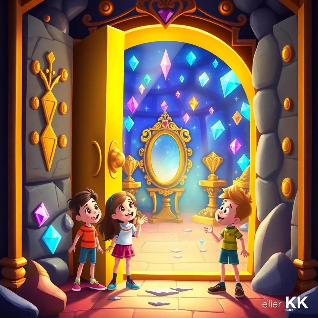 A golden door opening to a treasure room with sparkling jewels and a magical mirror, the three friends looking excited, colorful and lively, adventure-themed, cartoonish style