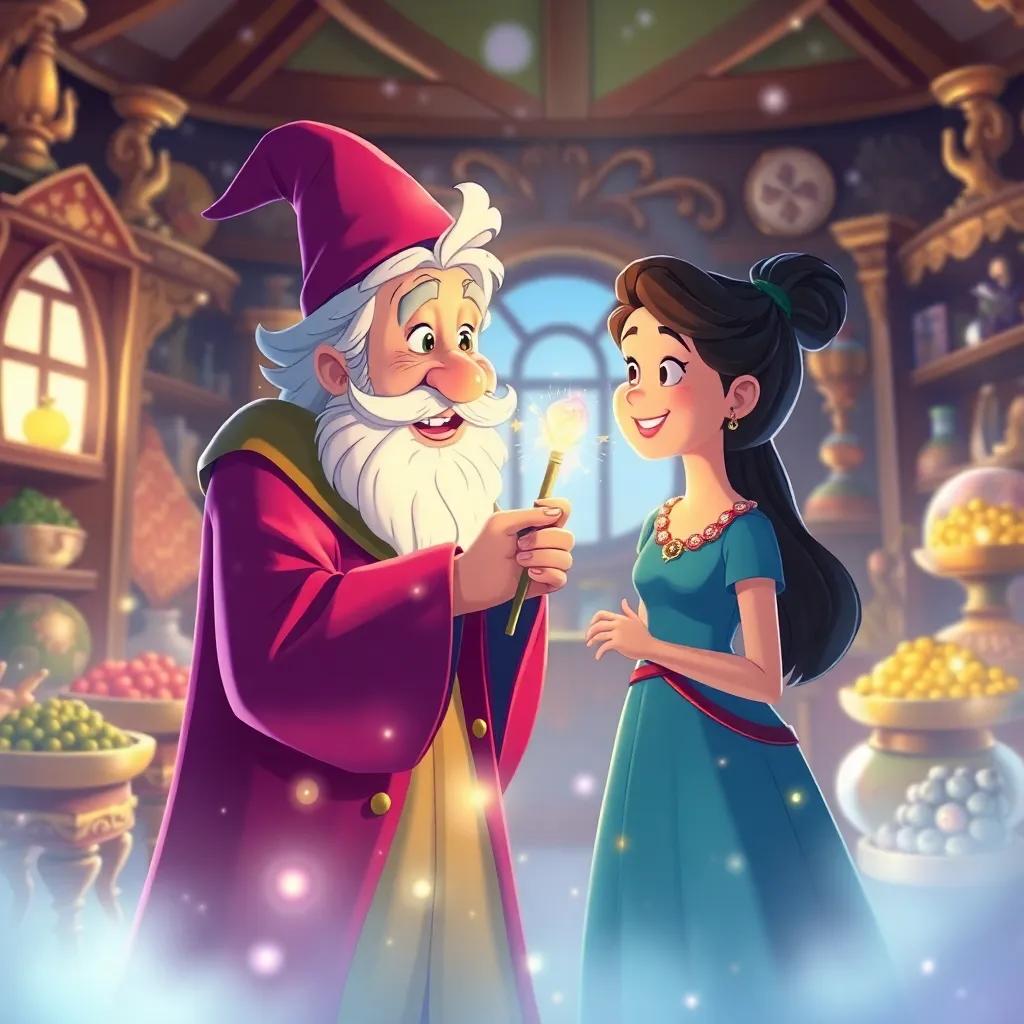 The wizard giving them a magical wand as a keepsake, with sparkles around them, in a bright filled room of treasures, heartwarming scene, joyful and colorful