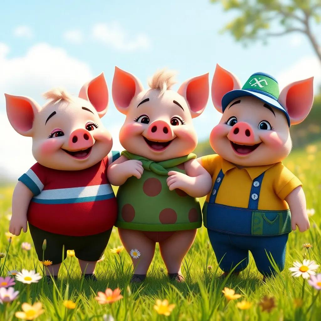 Three little pigs, Lito, Mimo, and Rocco, standing together smiling in a sunny meadow, wearing colorful clothes, surrounded by grass and flowers, cheerful atmosphere, digital art, vibrant colors, playful and lively, high quality