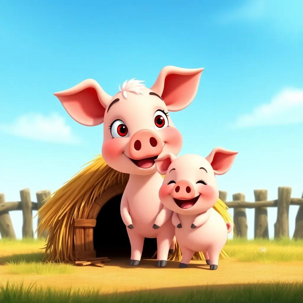 Lito, a little pig with a big smile, standing next to his house of straw, it looks cute but flimsy with a bright blue sky above, cheerful and playful scene, illustration, bright colors, inviting and fun, high quality