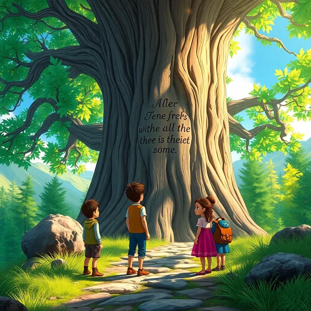 On the mountain path, Leo is looking at a large, ancient tree with a meaningful inscription, Sofia and Tomas are beside him, the tree is lush with green leaves, sunlight filtering through, detailed illustration, bright and inviting, nature-themed, high quality