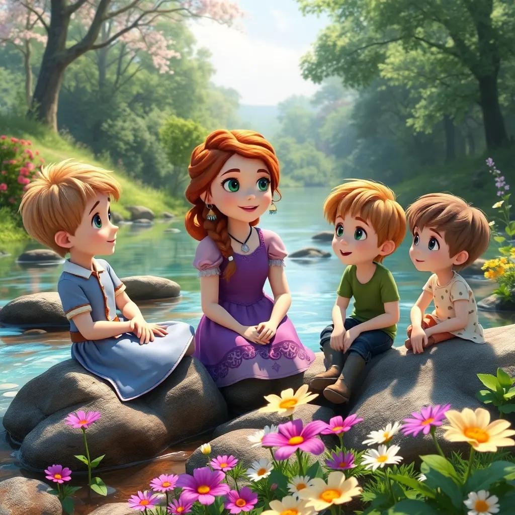 Sofia is suggesting they learn about themselves as they sit by a crystal clear stream, Leo and Tomas listen with curiosity, beautiful flowers are around them, peaceful setting, vibrant colors, relaxing atmosphere, high quality