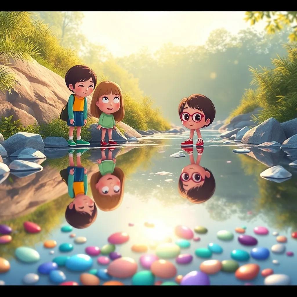 The three friends looking at their reflection in the water, the stream sparkling under the sun, colorful pebbles visible below, they think about their own inner values, illustration, bright and cheerful, high quality