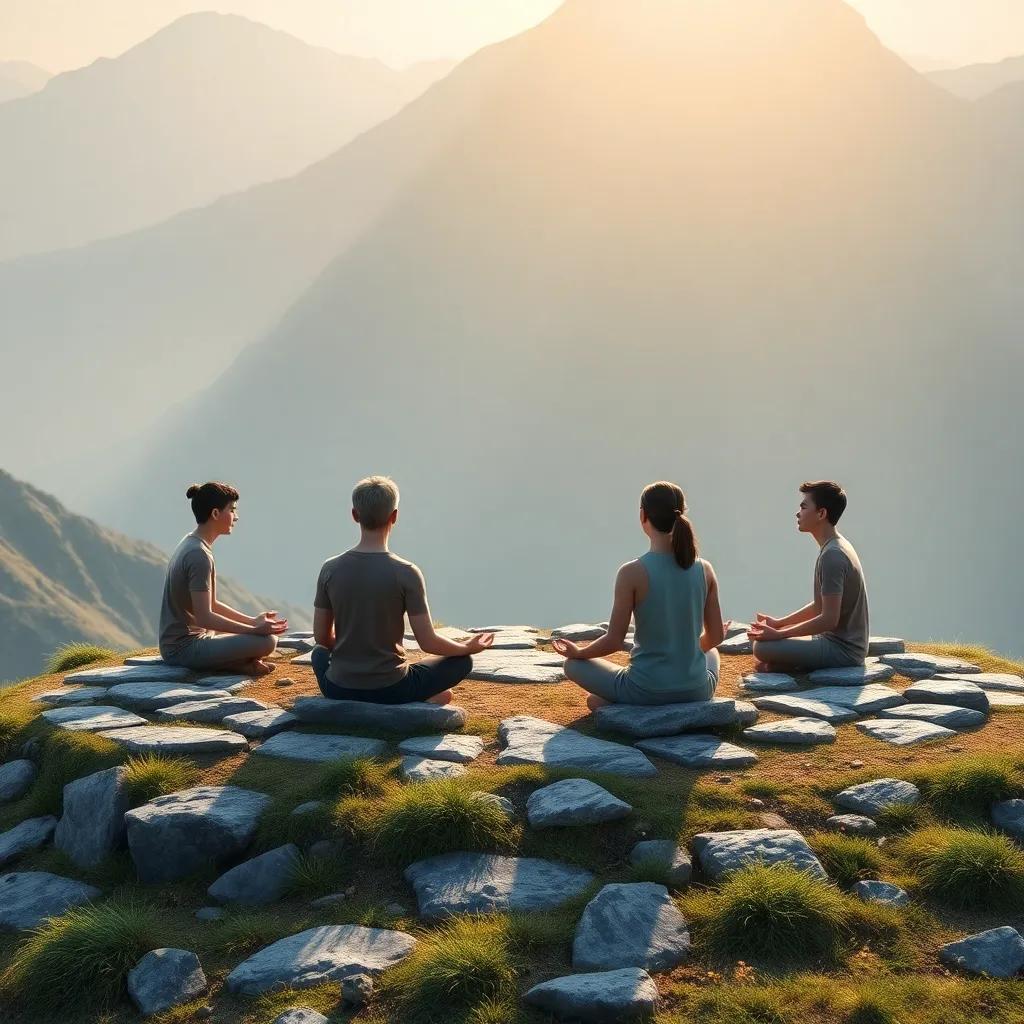 Sitting in a stone circle on the mountainside, they are meditating quietly with closed eyes, soft natural light shining around them, tranquil and serene scene, detailed artwork, calming colors, high quality