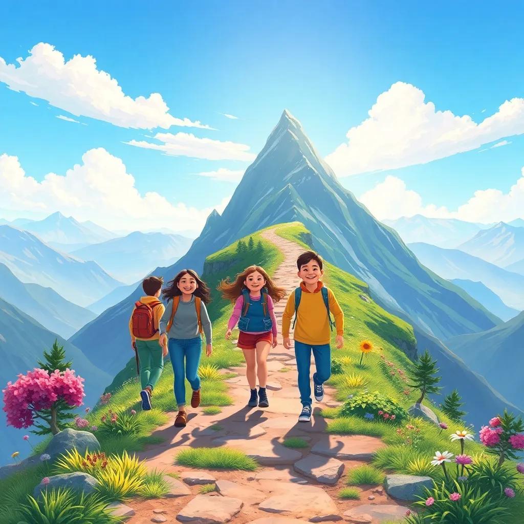 The friends continuing their hike towards the mountain peak, with each of them determined and joyful, the path winding beautifully, surrounded by stunning views, illustration, bright colors, uplifting atmosphere, high quality