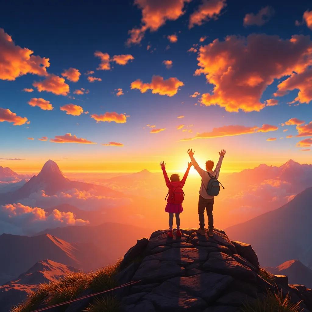 Finally at the mountain summit, the breathtaking view of sunset and clouds dancing in the sky, Leo, Sofia, and Tomas are joyfully celebrating their achievement, rich colors, captivating scene, illustrated as a joyful moment, high quality