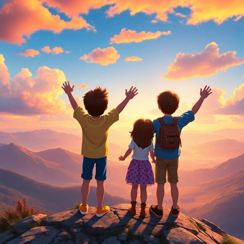 Leo, Sofia, and Tomas holding hands triumphantly, looking out at the beautiful landscape from the mountain top, filled with a feeling of friendship and accomplishment, colorful sky, heartwarming scenery, detailed art, high quality