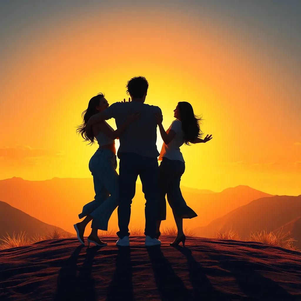 The sunset glowing behind the friends as they dance together on the mountaintop, their shadows stretching across the ground, happiness reflecting in their faces, vibrant feelings of unity and joy, beautiful artwork, emotive, high quality