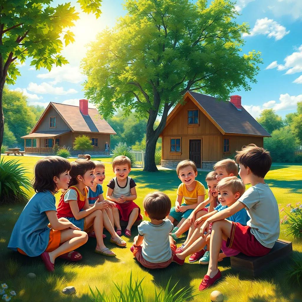 A sunny day in a small village park, a group of happy children playing together, sitting in a circle discussing leadership, vibrant colors, warm light, cheerful atmosphere, high-quality