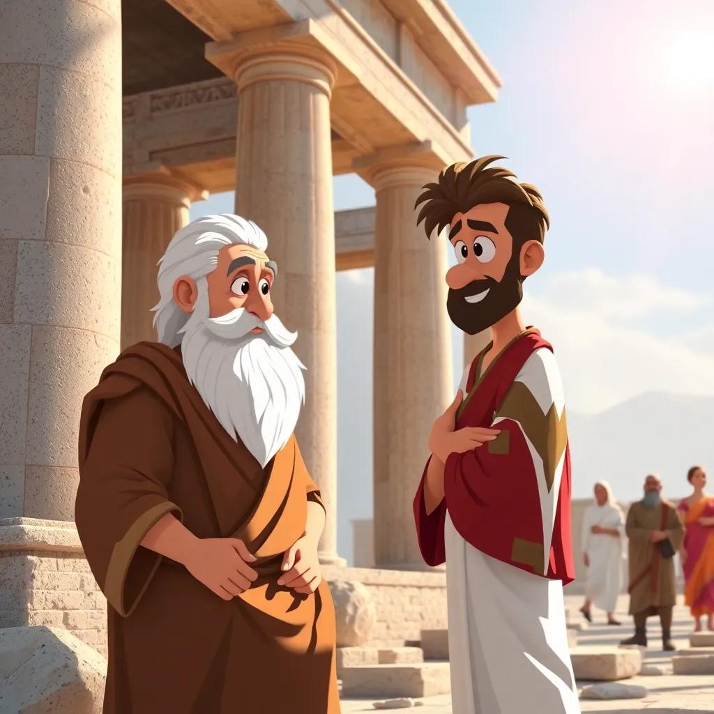 Los amigos en la antigua Grecia, rodeados de edificios de mármol, hablando con Sócrates, un hombre anciano con una larga barba y túnica blanca, gente en el fondo, bright sunlight, colorful, historical setting, detailed illustration