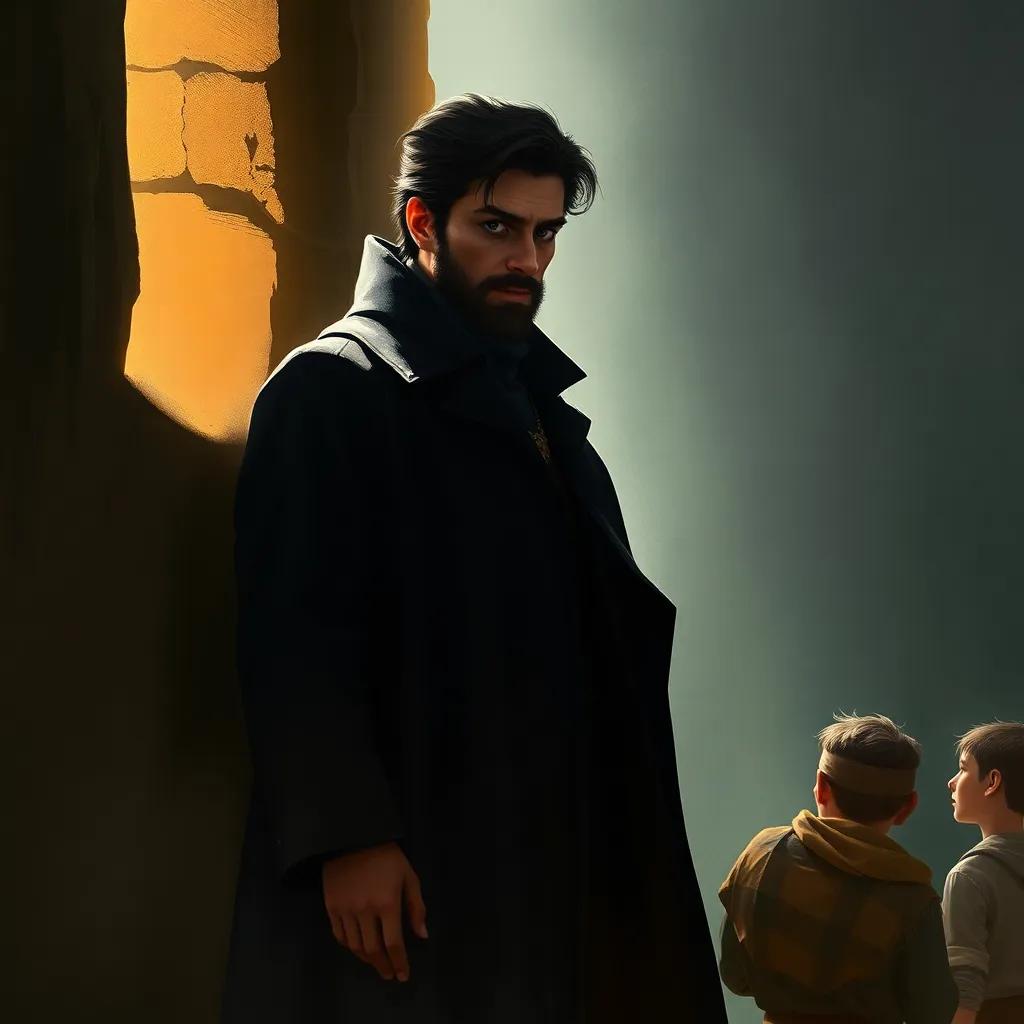 El extraño viajero del tiempo, un hombre vestido con un abrigo oscuro y mirada siniestra, parado en el lado mientras Sócrates escucha a los niños, dramatic light, tense atmosphere, digital painting, high quality