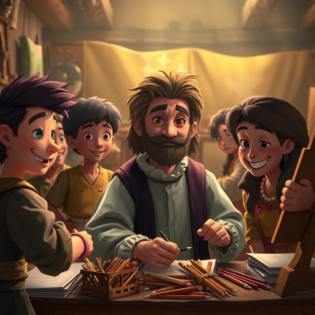 Los amigos con Leonardo da Vinci en un taller lleno de lienzos y pinceles, ayudándolo a pintar, Leonardo es un anciano con cabello rizado y ropa de la época, warm light, inspirational, colorful art scene, high quality