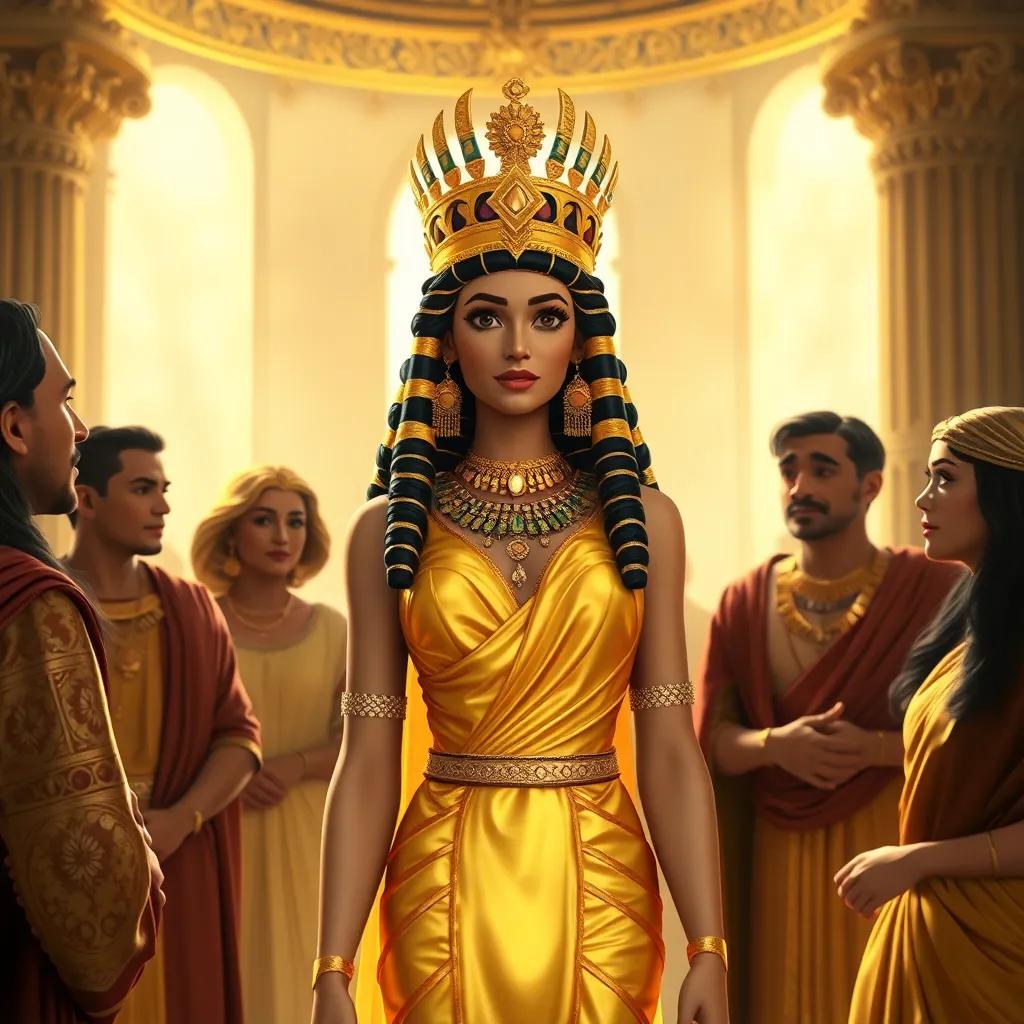 Cleopatra en su palacio, vistiendo un vestido dorado y joyas brillantes, rodeada por los amigos que discuten con ella sobre la paz, luxurious atmosphere, golden colors, digital art, historical scene, high quality