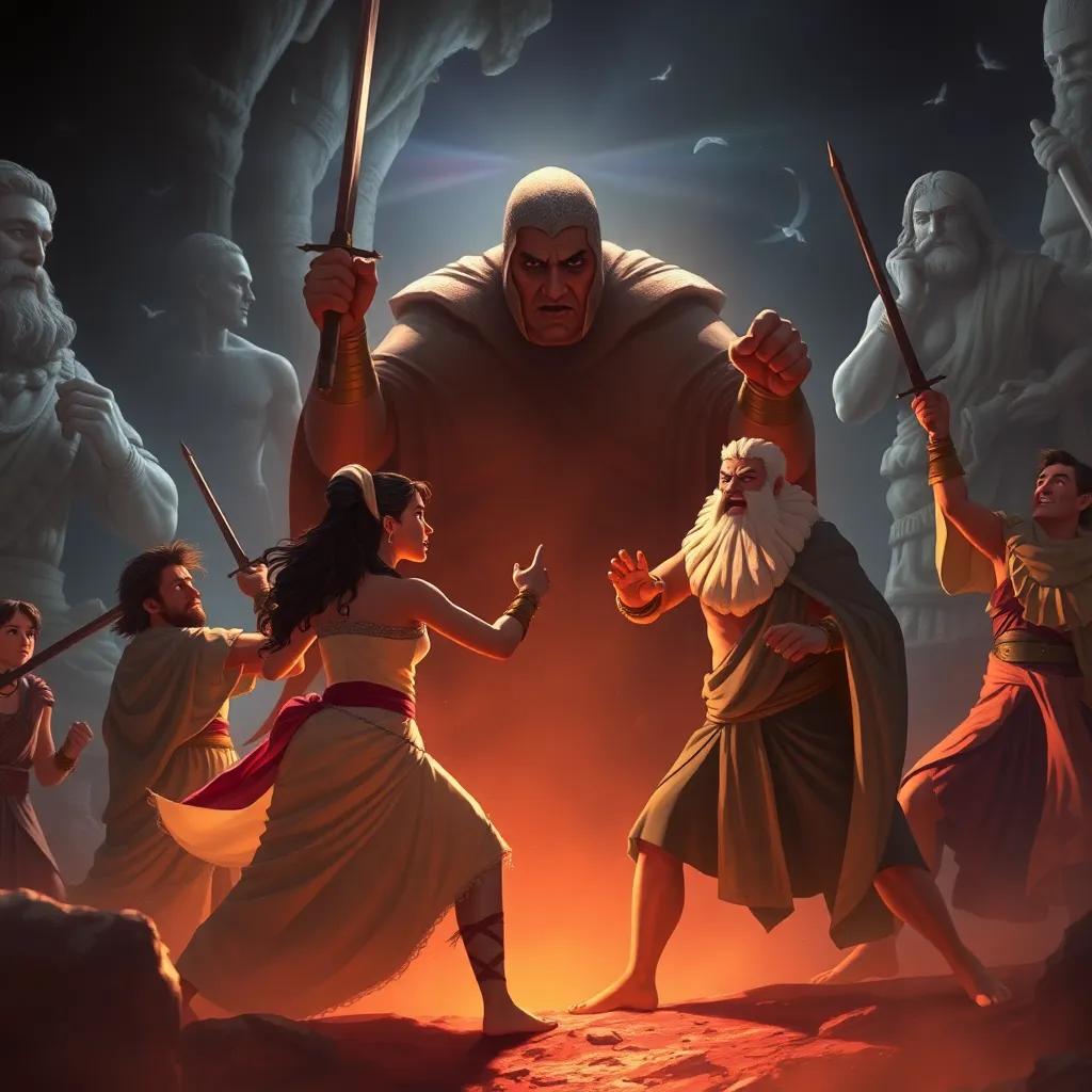 La batalla final entre el bien y el mal, los amigos luchando junto a personajes históricos, como Cleopatra y Sócrates, contra el viajero malvado que observa desde las sombras, dramatic light, intense setting, digital illustration, high quality