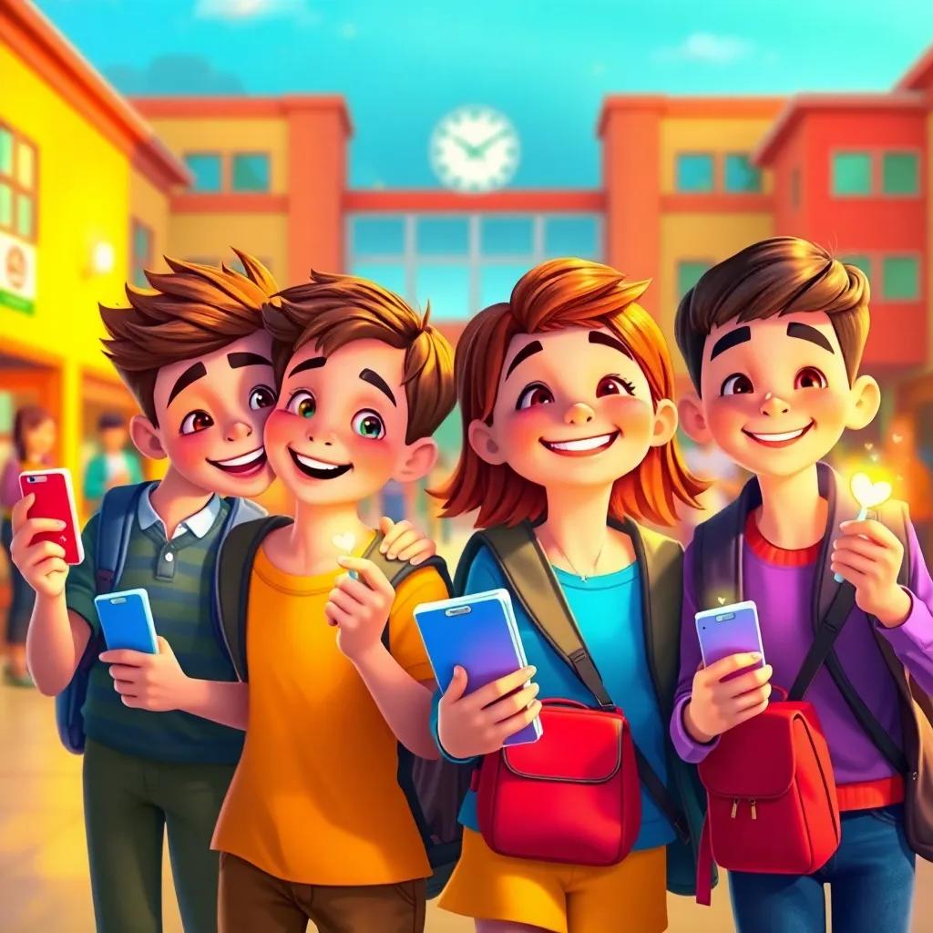Regreso a la escuela, los amigos con sus recuerdos (amuletos) en manos, brillando con luz dorada, alegría y emoción en sus caras, colorful school background, heartwarming atmosphere, digital art, high quality