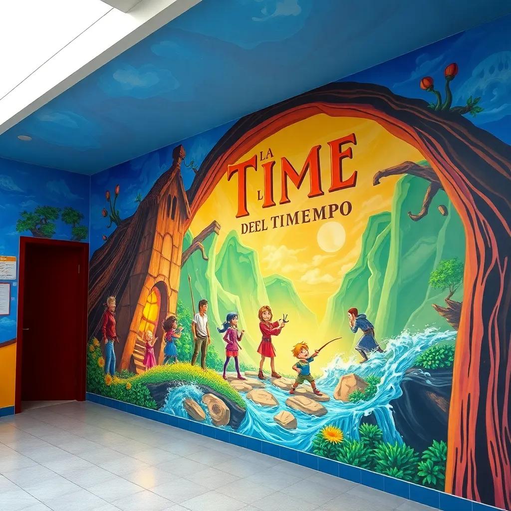 Un mural en la escuela, mostrando escenas de la aventura del tiempo donde los amigos ayudan a los personajes históricos, lleno de colores brillantes y detalles entrelazados, inspirational, community art, high quality