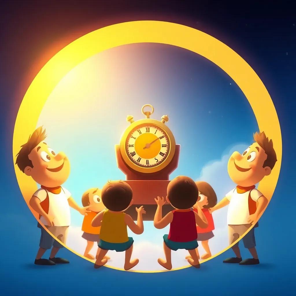 Los amigos sonrientes después de su viaje, reunidos en un círculo, sosteniendo la máquina del tiempo que brilla suavemente en el centro, digital art, uplifting scene, colorful, high quality