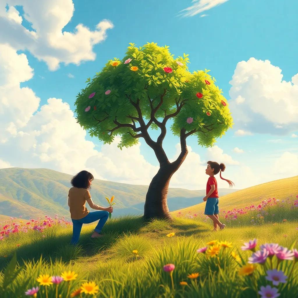 Un paisaje del futuro con un árbol de la amistad que florece, los amigos plantando semillas de verdad y esperanza, digital painting, vibrant colors, hopeful ambiance, high quality