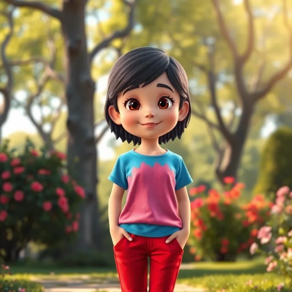 Una niña llamada Sofía, con cabello rizado, usa una camiseta y pantalones cortos coloridos, en un parque con árboles y flores, mirada curiosa, alegre, digital art, colorido, luminoso, perspectiva frontal, alta calidad