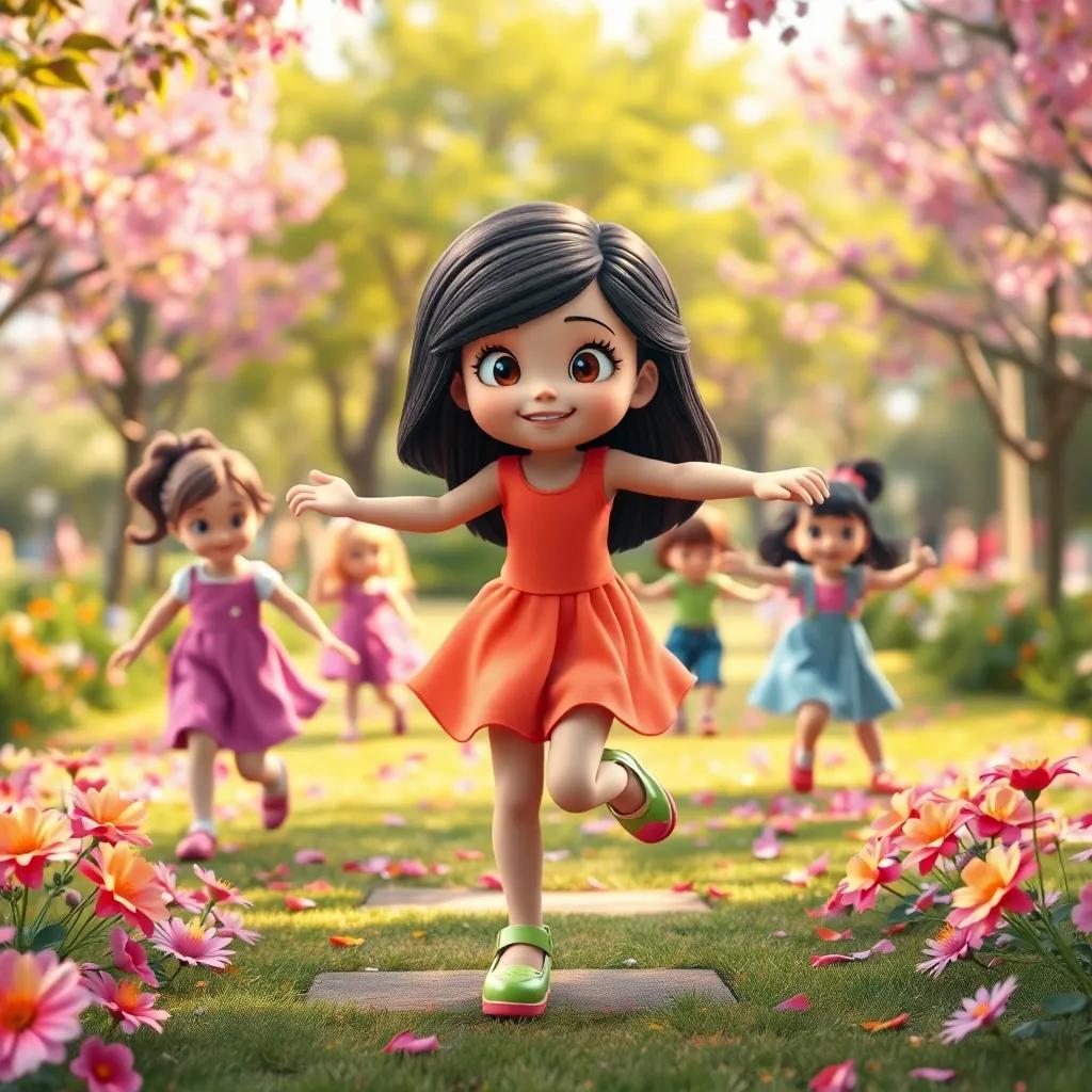 Sofía, con cabello rizado, usando zapatos brillantes, saltando en el parque lleno de niños felices, flores danzando, digital art, alegre, vibrante, perspectiva amplia, alta calidad