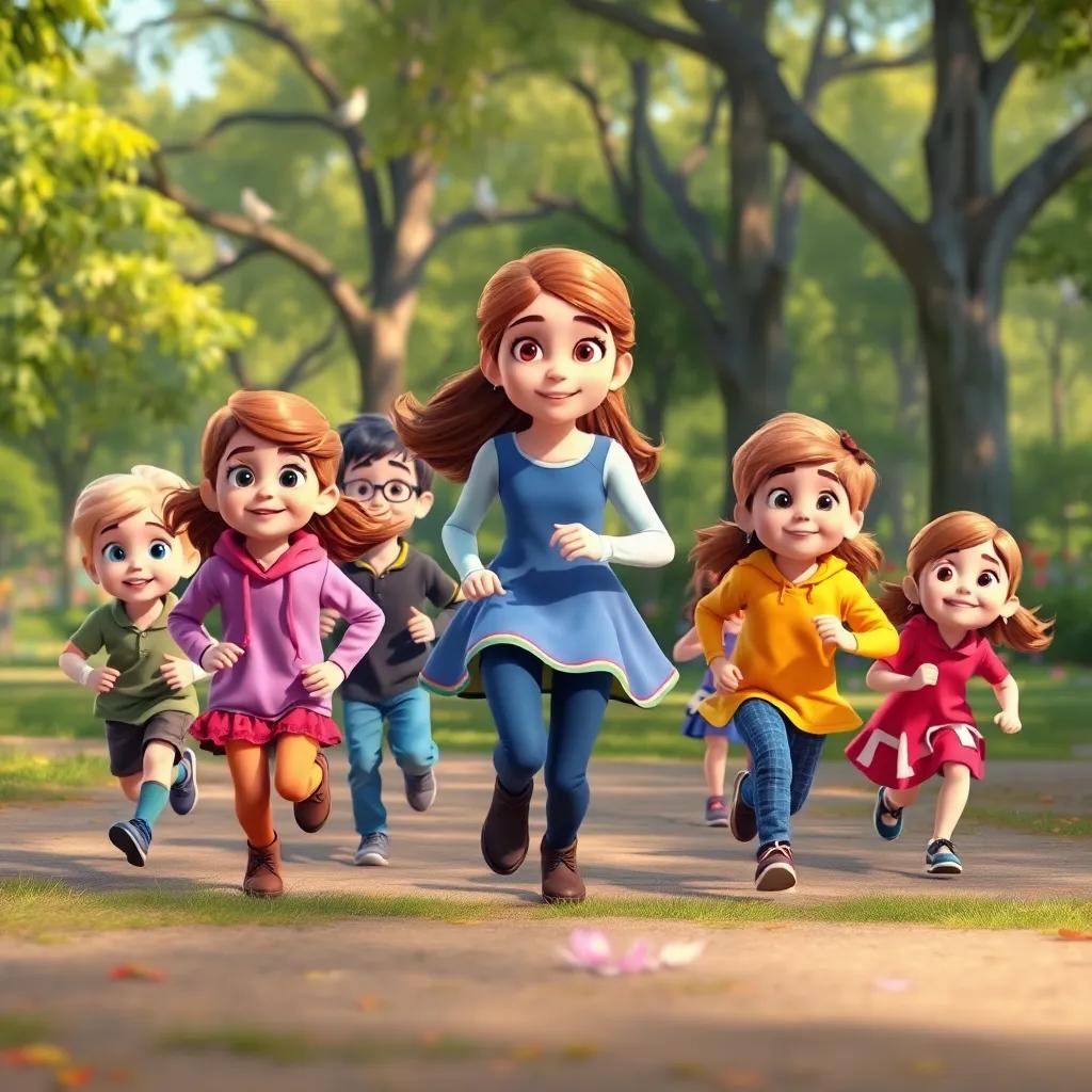 Un grupo de niños, todos con sonrisas y ropa colorida, corriendo detrás de Sofía en el parque, muchos árboles y pájaros en el fondo, digital art, animado, colorido, perspectiva centrada, alta calidad