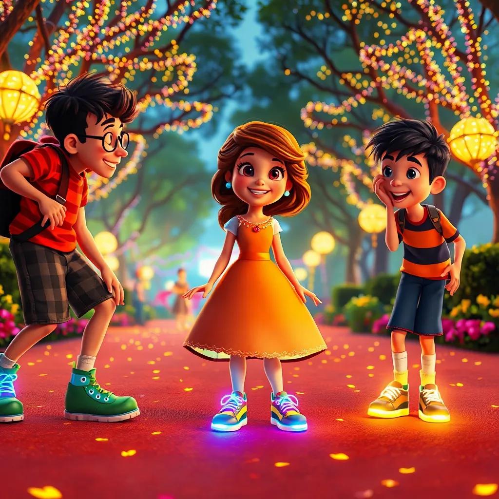 Sofía junto a sus amigos, todos riendo, usando zapatos mágicos, en un parque lleno de colores, digital art, festivo, lleno de luz, perspectiva cercana, alta calidad