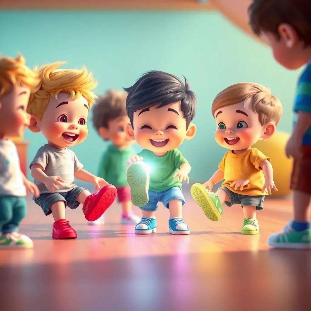 Varios niños pasándose los zapatos brillantes entre ellos, en un ambiente de juego y risas, digital art, infantil, alegre, perspectiva abierta, alta calidad