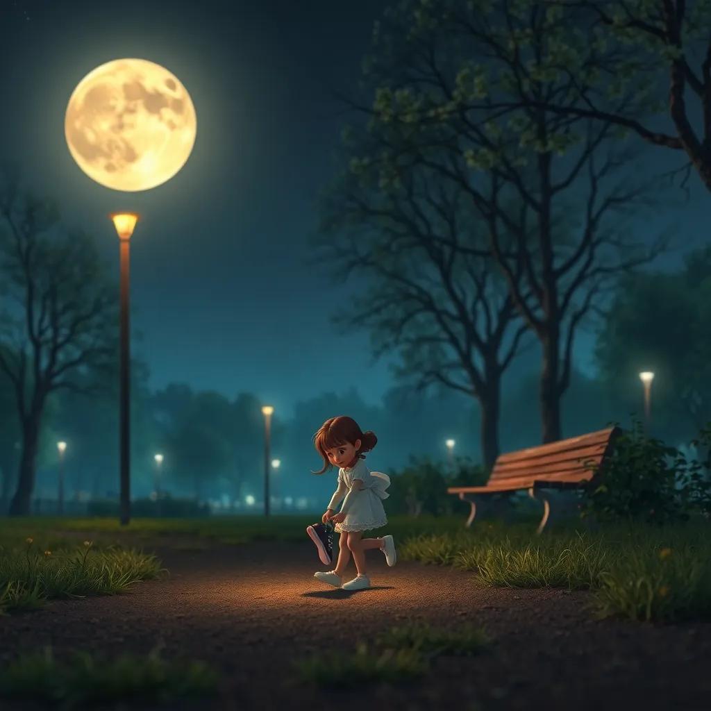 Sofía dejando los zapatos en el parque al caer la noche, bajo la luz de la luna, digital art, tierno, nostálgico, perspectiva tranquila, alta calidad