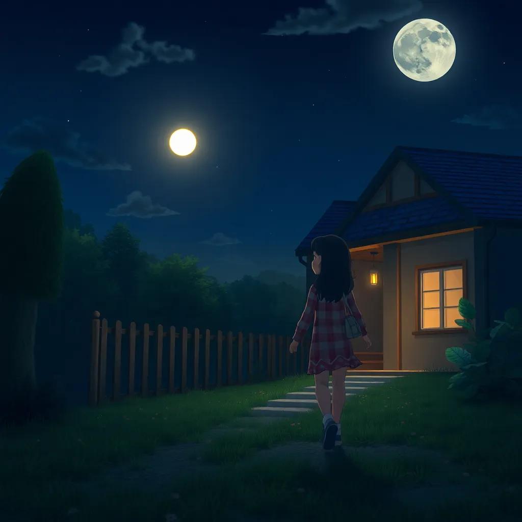Sofía caminando de regreso a casa en la noche, con una sonrisa iluminada por la luna, digital art, relajante, sereno, perspectiva tranquila, alta calidad