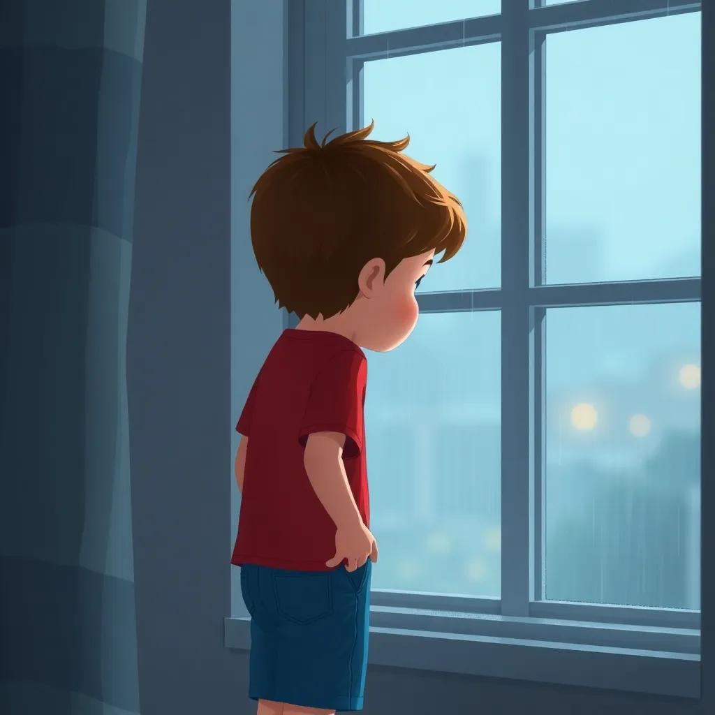 Un niño, Tomás, con cabello castaño claro, usando una camiseta roja y pantalones cortos azules, mirando por una ventana mientras llueve, ilustración, colores suaves, melancólica, encantadora