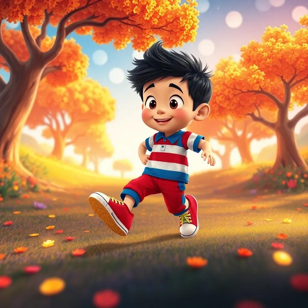 Tomás, con zapatos coloridos, de pie sobre un suelo brillante en un mundo mágico lleno de colores vivos y árboles de caramelos, ilustración vibrante, alegre, fantasía