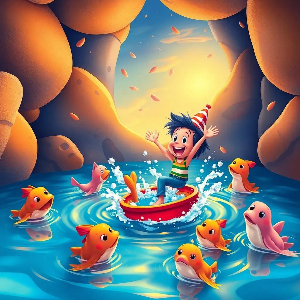 Un gran charco donde nadan peces con gorros y bufandas, Tomás saltando y riendo en el charco, rodeado de criaturas felices, ilustración, colores brillantes, celebración
