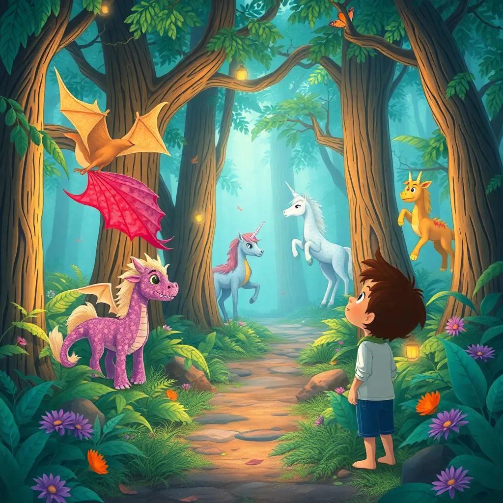 Un bosque mágico con dragones de papel, unicornios y hadas riendo, Tomás observando amazed, iluminado, ilustración, colorido, mágico
