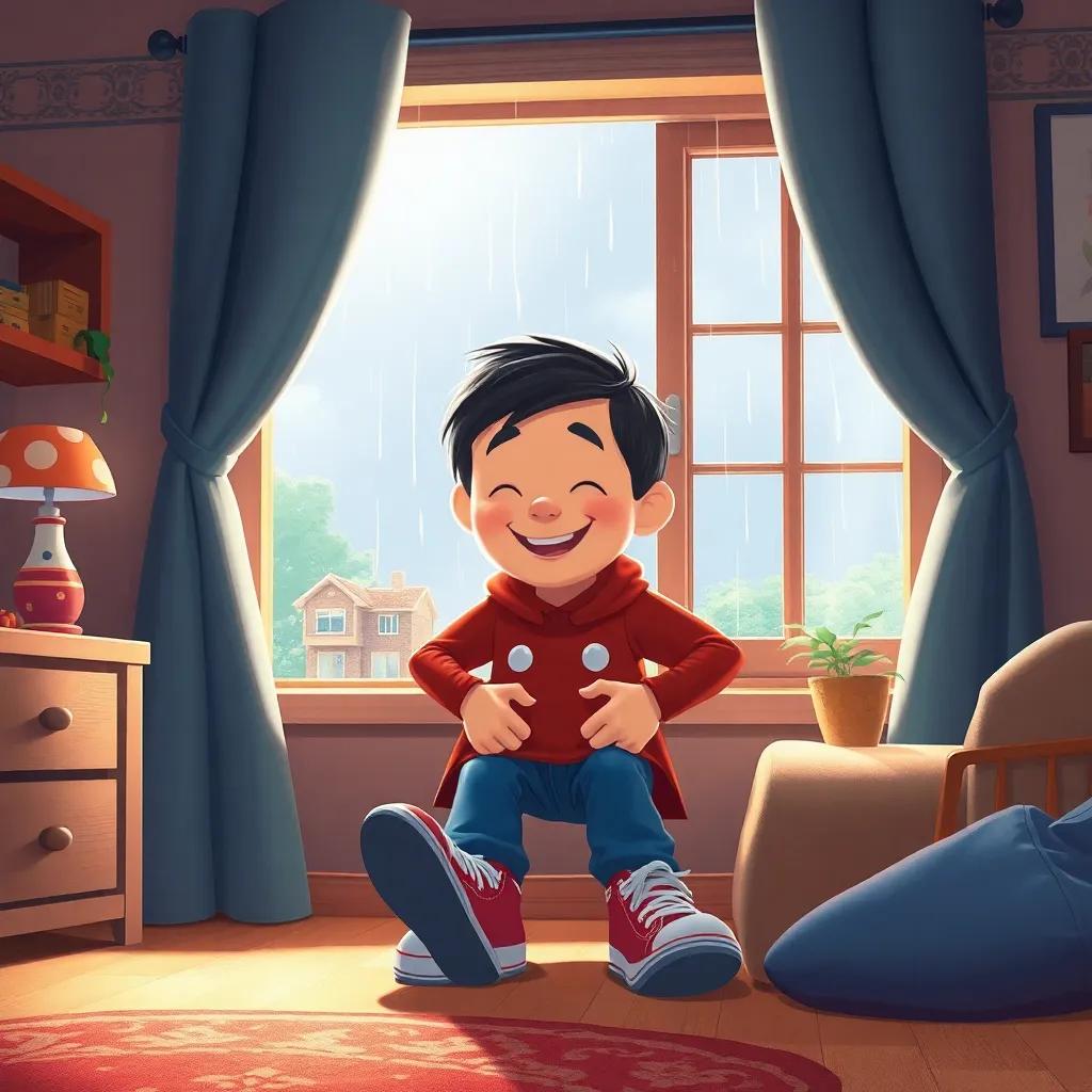 Tomás quitándose los zapatos mágicos en su habitación, una lluvia suave cayendo por la ventana, con una sonrisa de felicidad, ilustración, tonos cálidos, nostálgico