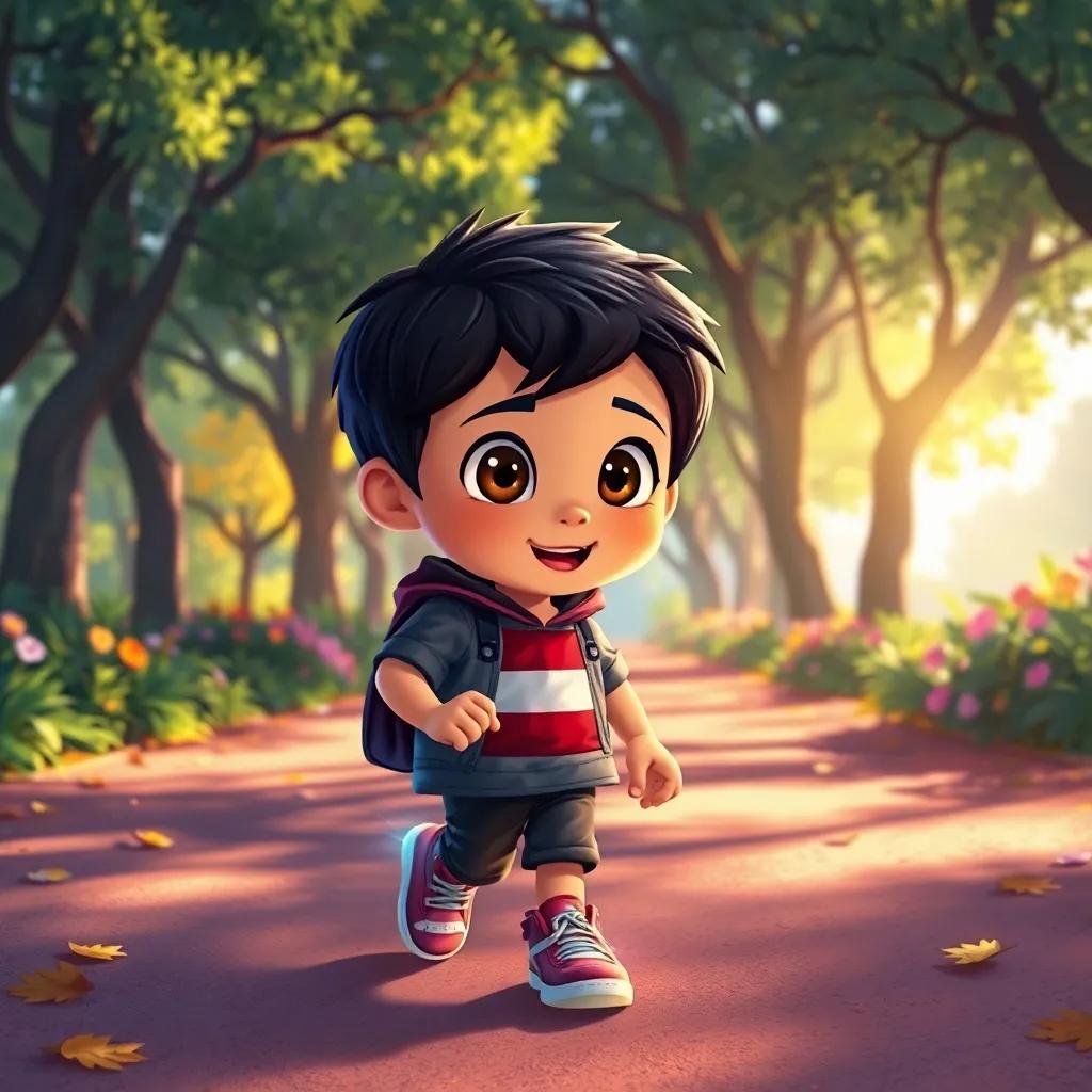Lucas, un niño soñador con cabello oscuro y ojos brillantes, llevando zapatos mágicos en un parque soleado, con árboles y flores alrededor, ilustración colorida, ambiente alegre, alta calidad