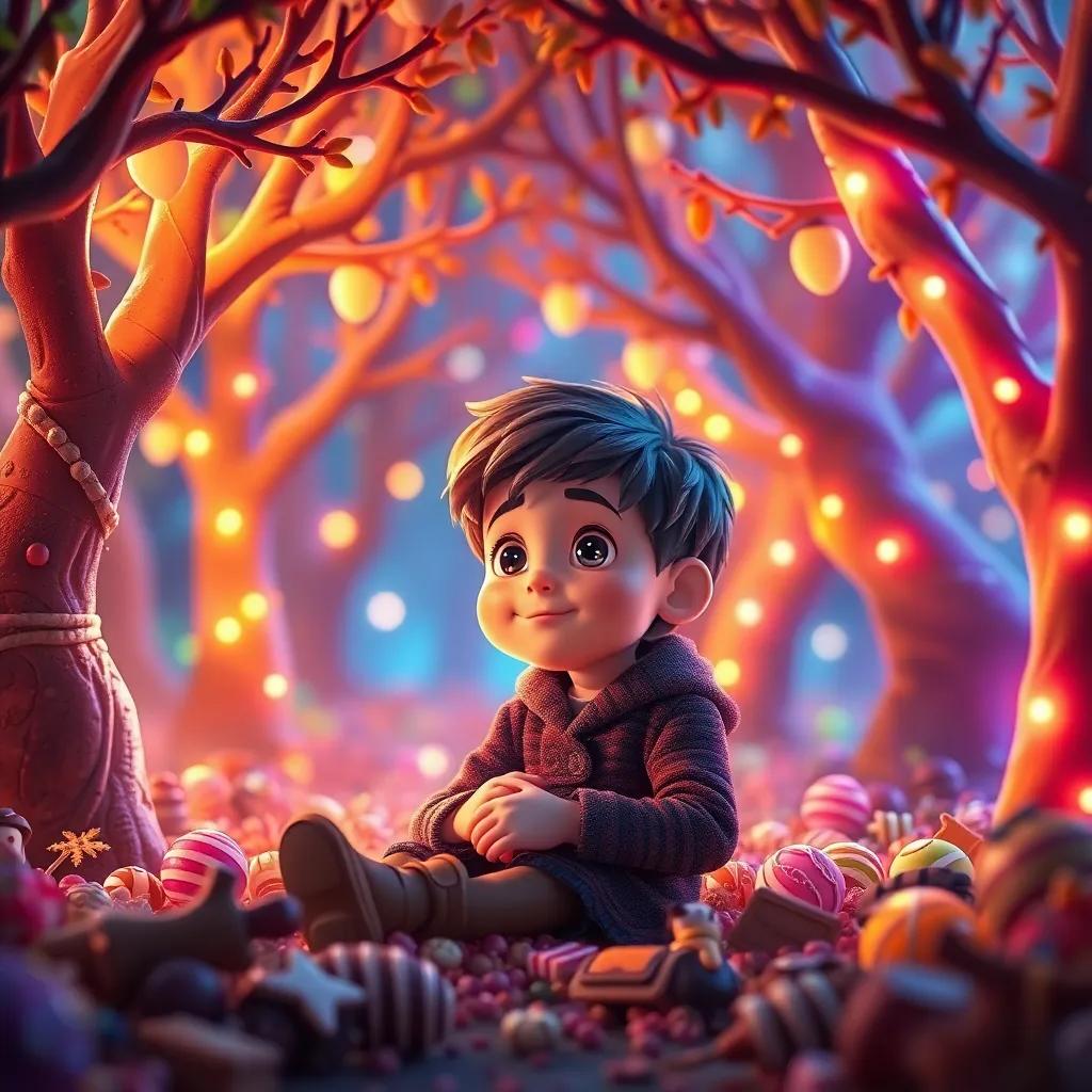 Lucas, un niño soñador en un bosque de dulces con árboles de caramelos y ríos de chocolate, rodeado de colores vibrantes y luces brillantes, digital art, mágico y encantador, perspectiva amplia, calidad alta