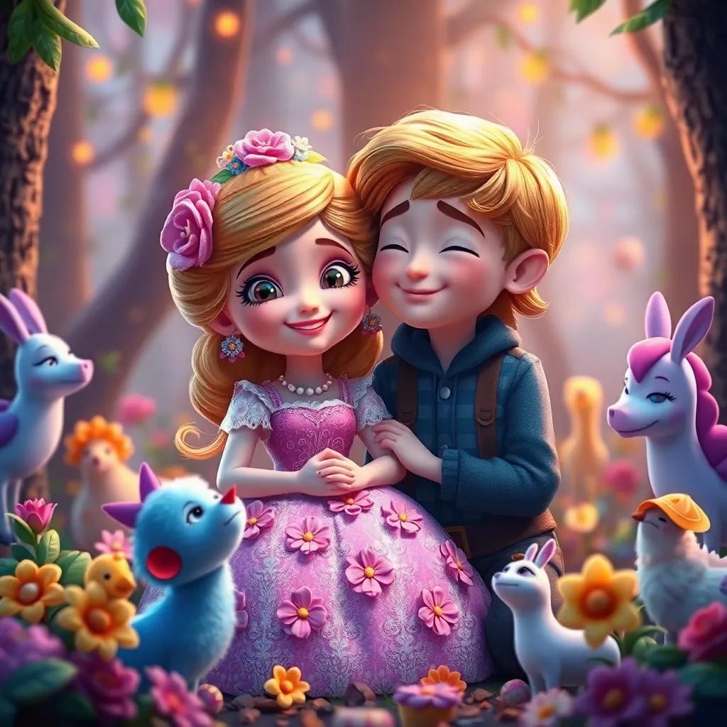 Rosa, una hermosa muñeca con rostro amigable, vestido de pétalos de flores y cabello dorado, sonriendo junto a Lucas en el bosque de dulces, rodeados de criaturas fantásticas, ilustración vibrante, atmosférica y encantadora, alta calidad