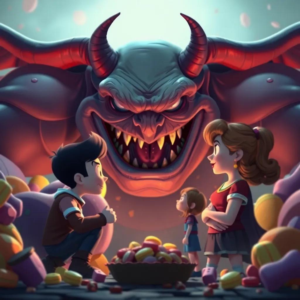 Un gigante de malvavisco con una expresión malvada, rodeado de dulces y con Lucas y Rosa enfrente, en una escena de tensión, ilustración dramática, contraste de colores, calidad alta