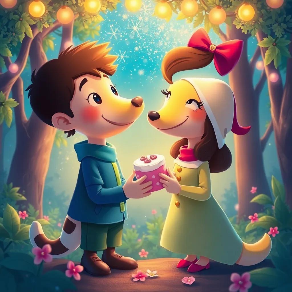 Lucas y Rosa, con criaturas del bosque celebrando y compartiendo dulces bajo un cielo brillante, ambiente festivo, colores cálidos y acogedores, ilustración alegre, alta calidad