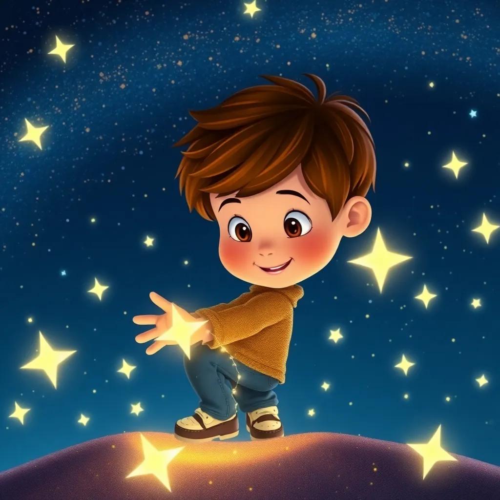 Lucas, un niño soñador con cabello castaño, encantado al descubrir unos zapatos brillantes, rodeado de polvo de estrellas y destellos mágicos en un cielo nocturno, ilustración, mágica, alegre, ambiente de ensueño