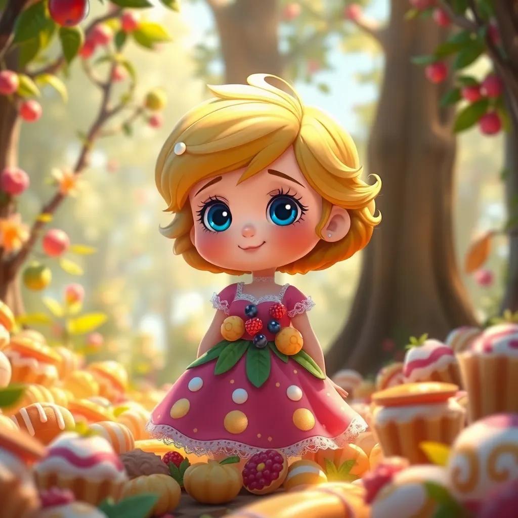 Rosa, una muñeca de cabello dorado y ojos azules, con un vestido de frutas, sonriendo en un bosque de dulces lleno de galletas y caramelos, ilustración, colorida, animada, vista alegre