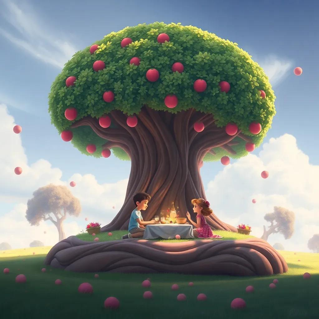 Un árbol de chocolate enorme, con sombra fresca, donde Lucas y Rosa hacen un picnic, rodeados de nubes de algodón de azúcar y golosinas que caen del cielo, digital painting, encantador, dulce, atmósfera feliz