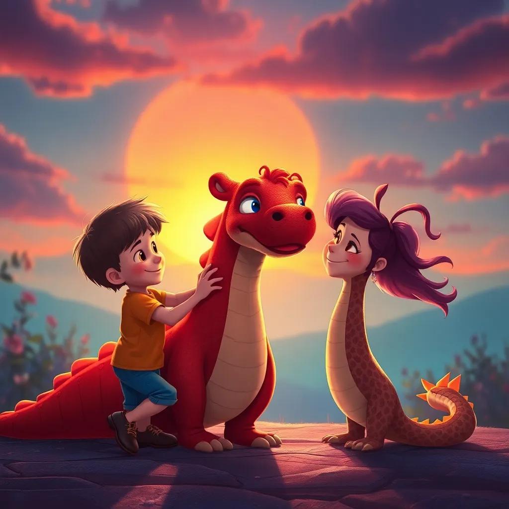 Lucas despidiéndose de Rosa y el dragón de caramelo, con un hermoso atardecer detrás de ellos, luciendo emocionado, imágenes que transmiten amistad y aventura, coloridos, uplifting, nostálgico