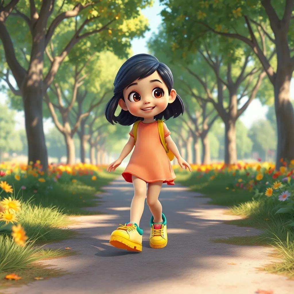 Una niña con cabello rizado, Ana, usando zapatos brillantes con colores vivos, explorando un parque soleado lleno de árboles y flores, ilustración digital, colores vibrantes, alegre atmósfera, alta calidad