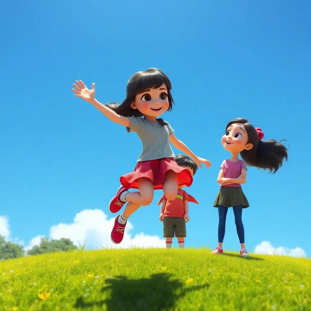 Ana, la niña con cabello rizado, con zapatos mágicos, saltando alto sobre el parque, sus amigos Luca y Sara mirando asombrados, fondo de un cielo azul claro, digital art, emocionante, imaginativo