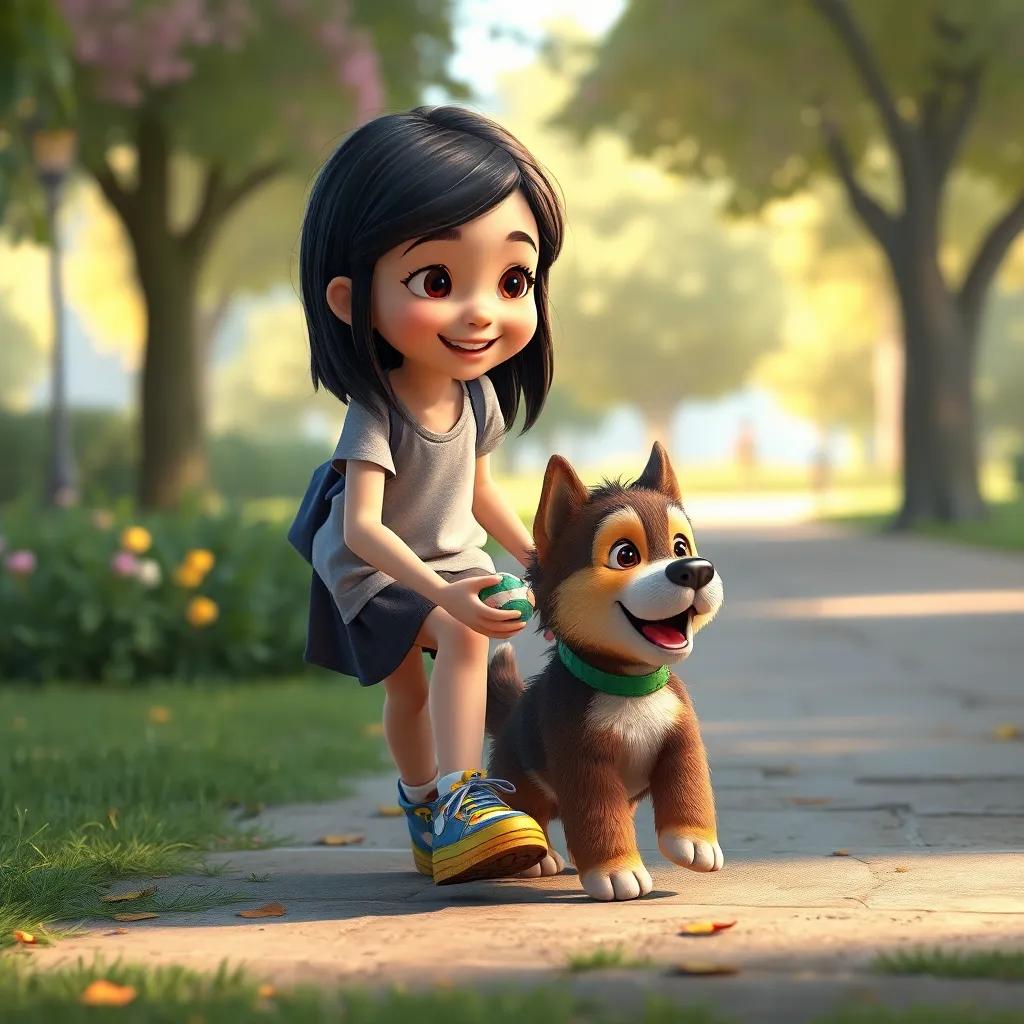 Ana, una niña con cabello rizado y zapatos brillantes, recuperando un balón de un perro juguetón, Luca sonriendo desde el fondo, parque tranquilo, colorido, cálido, arte detallado