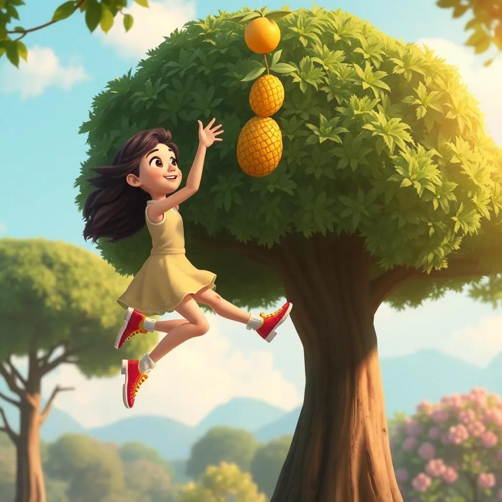Ana, con zapatos mágicos, saltando hacia un árbol alto, sosteniendo una piña y entregándola a su amiga Sara, fondo de paisaje de parque, feliz y divertido, ilustración encantadora